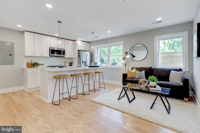 interior space with plenty of natural light, sink, light hardwood / wood-style floors, and electric panel