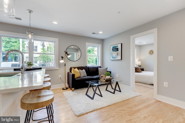 living room with light hardwood / wood-style floors and sink