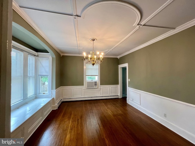 unfurnished dining area featuring an inviting chandelier, cooling unit, crown molding, dark hardwood / wood-style floors, and baseboard heating