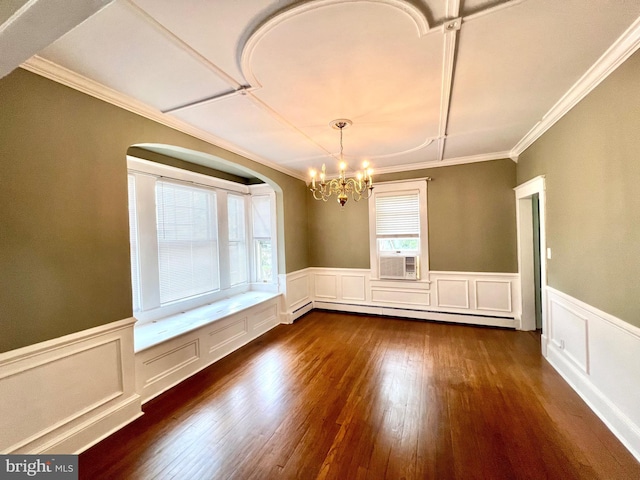 unfurnished dining area with baseboard heating, crown molding, dark wood-type flooring, and an inviting chandelier