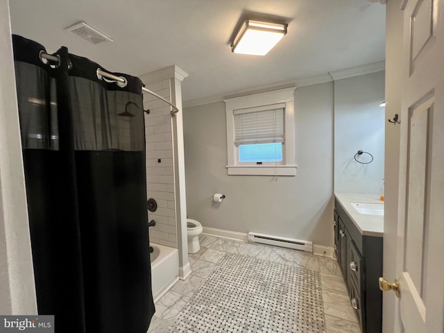 full bathroom featuring shower / bath combination with curtain, vanity, ornamental molding, and a baseboard heating unit