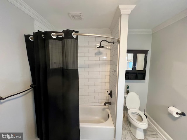 bathroom with crown molding, shower / bathtub combination with curtain, and toilet