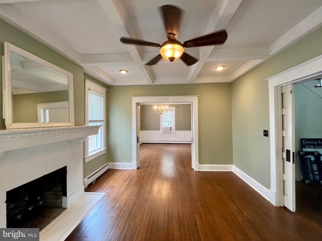 unfurnished living room featuring dark hardwood / wood-style flooring, coffered ceiling, ceiling fan with notable chandelier, baseboard heating, and beam ceiling