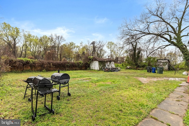 view of yard featuring a storage unit