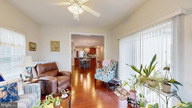 living room featuring ceiling fan and dark wood-type flooring