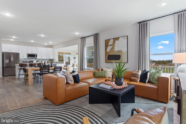 living area featuring a wealth of natural light, light wood finished floors, and recessed lighting