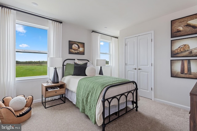 bedroom with carpet, baseboards, and a closet