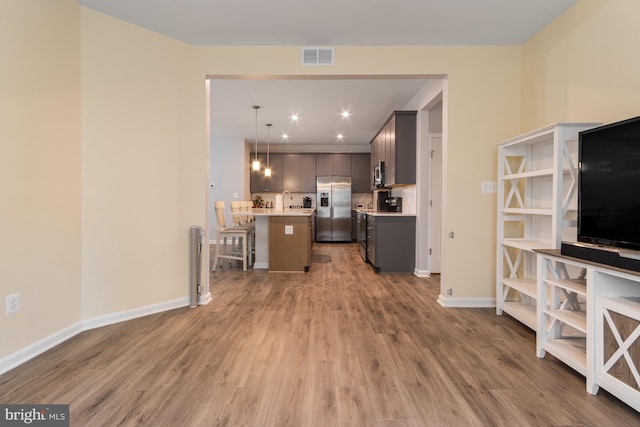 living room with hardwood / wood-style floors and sink