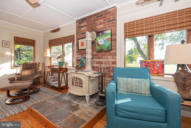 living area with a wood stove, dark wood-type flooring, and brick wall