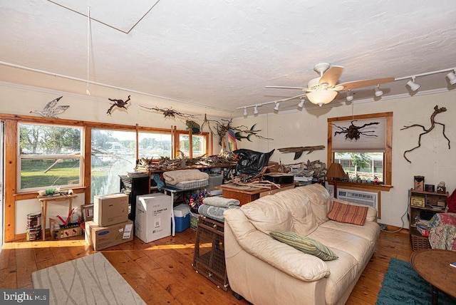 living room featuring a wall unit AC, ceiling fan, light hardwood / wood-style flooring, and rail lighting