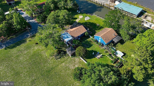 drone / aerial view with a water view