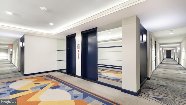 hallway with carpet flooring, elevator, and crown molding