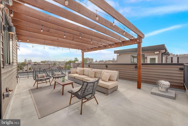 view of patio / terrace featuring a pergola and an outdoor hangout area