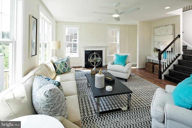 living room featuring hardwood / wood-style flooring and ceiling fan