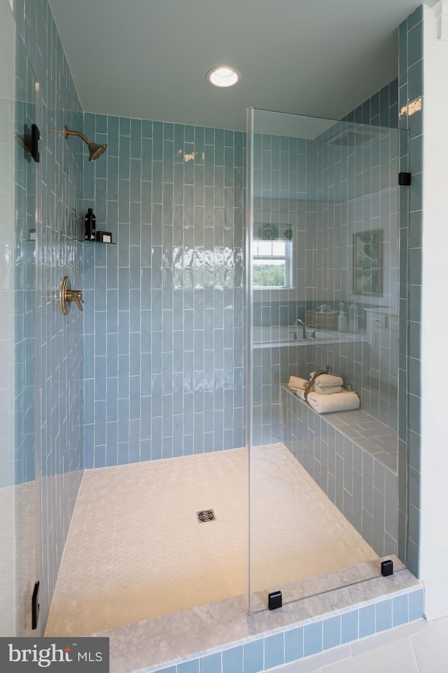 bathroom featuring tile patterned floors and a shower with shower door