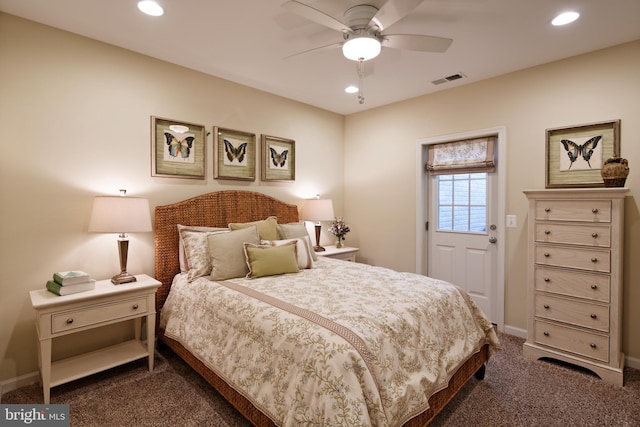 carpeted bedroom with ceiling fan