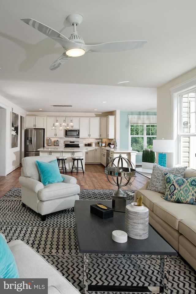 living room with plenty of natural light and wood-type flooring