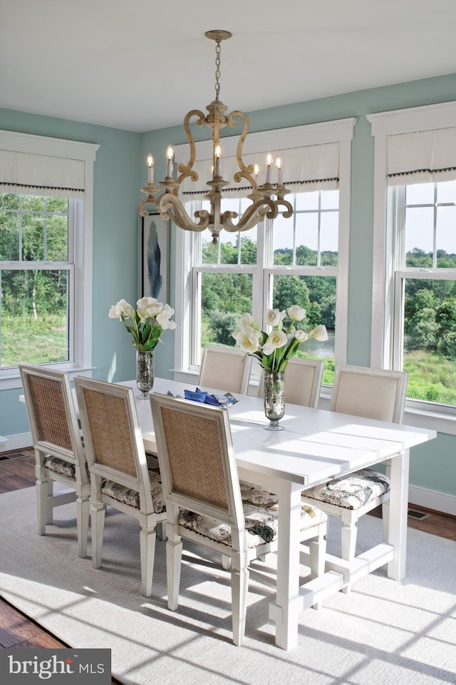 dining space featuring a wealth of natural light, wood-type flooring, and an inviting chandelier