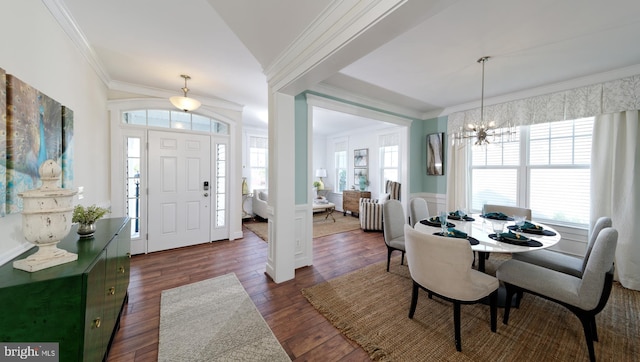 interior space featuring a wealth of natural light, crown molding, and dark hardwood / wood-style floors