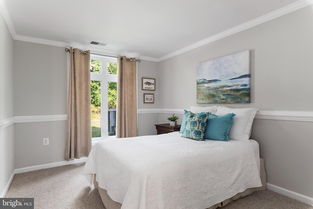 bedroom with carpet and ornamental molding