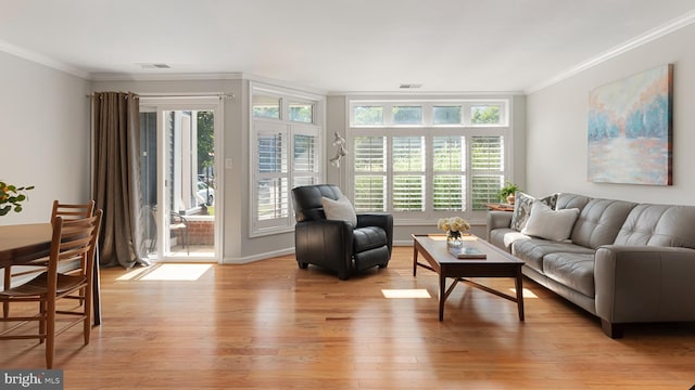 living room with ornamental molding and light hardwood / wood-style floors