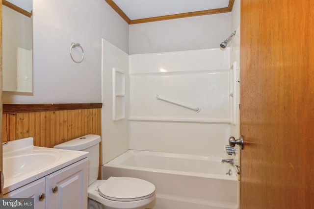 full bathroom with toilet, crown molding, shower / bathtub combination, vanity, and wooden walls