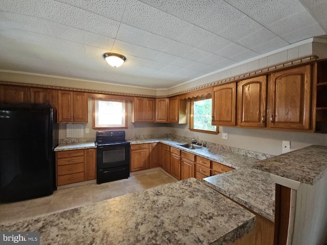 kitchen featuring sink, ornamental molding, black appliances, and a healthy amount of sunlight