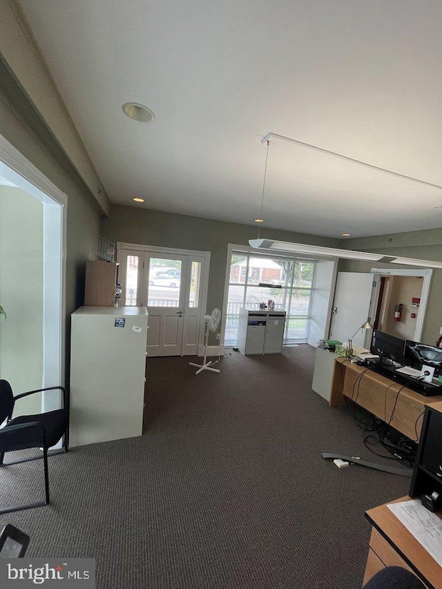 interior space with dark colored carpet