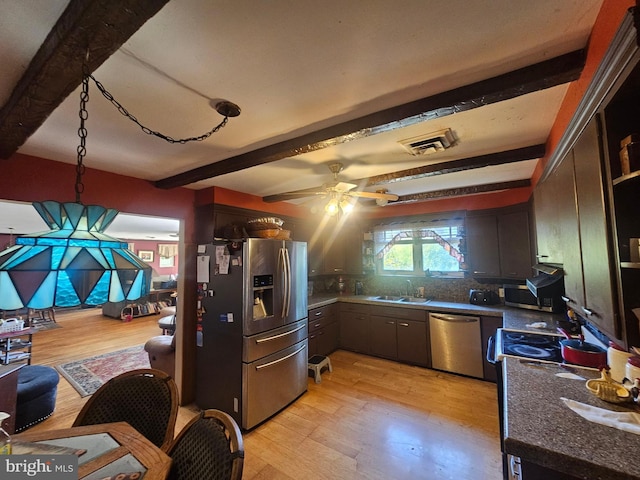 kitchen featuring backsplash, light hardwood / wood-style flooring, stainless steel appliances, and beam ceiling