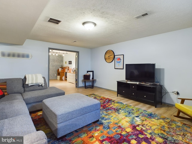 living room featuring hardwood / wood-style floors and a textured ceiling