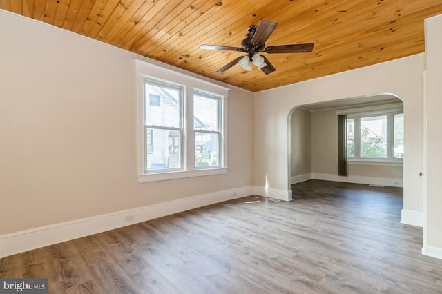 spare room with wood-type flooring, a wealth of natural light, and wood ceiling