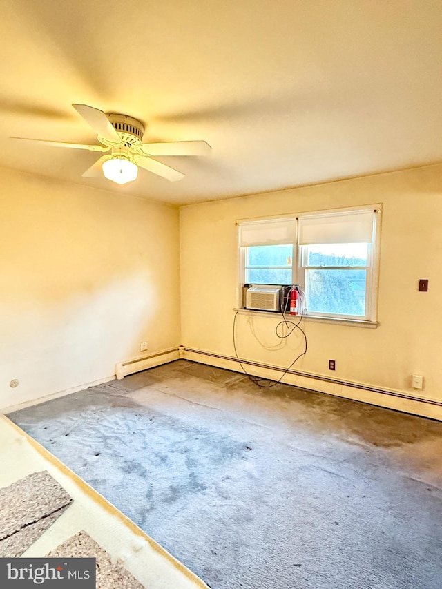 carpeted spare room with a ceiling fan and cooling unit