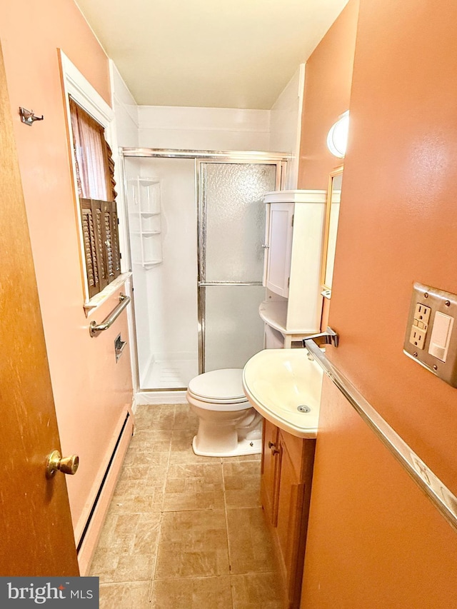 full bath featuring toilet, a shower stall, baseboard heating, and vanity