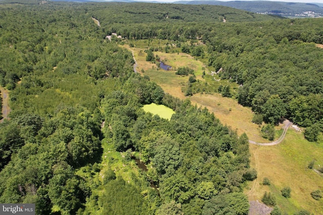 drone / aerial view featuring a wooded view