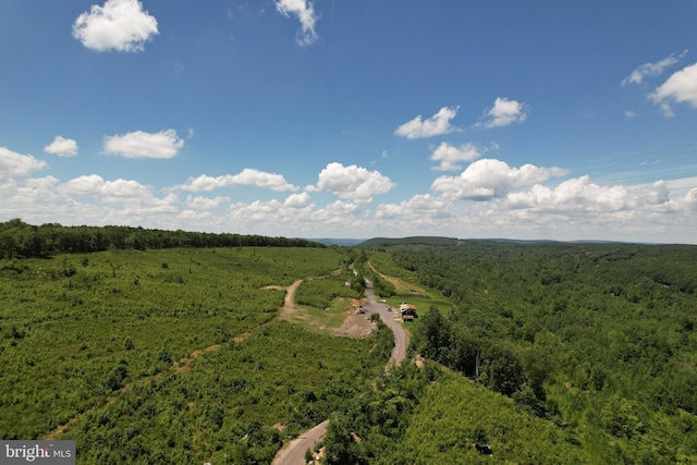 drone / aerial view with a wooded view