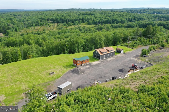 drone / aerial view with a wooded view