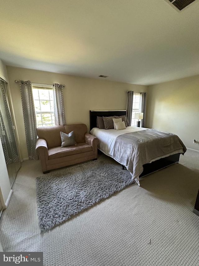 bedroom featuring multiple windows and carpet