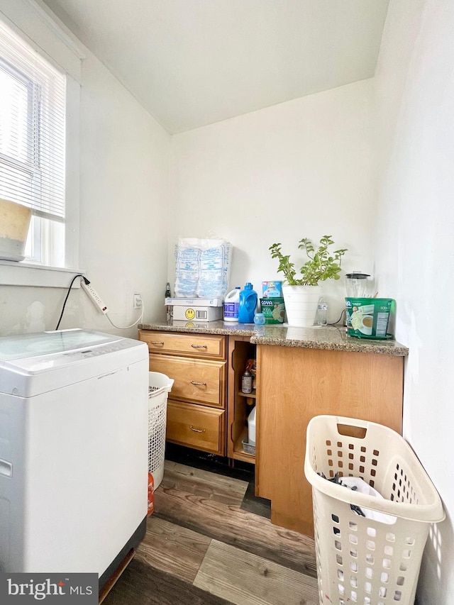 clothes washing area featuring dark wood-type flooring