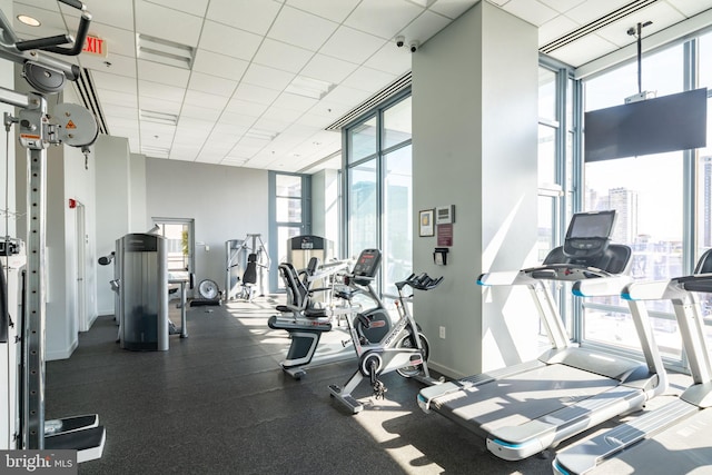 exercise room with a paneled ceiling and a wall of windows