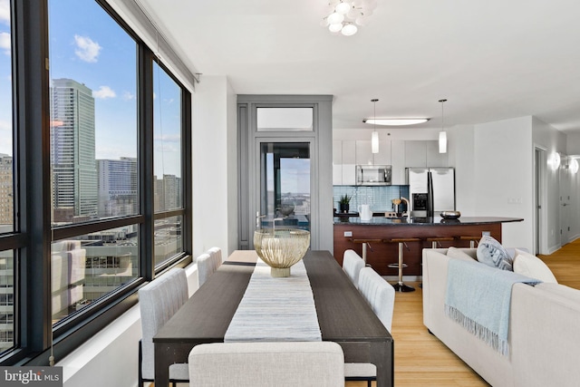 dining room with floor to ceiling windows and light hardwood / wood-style flooring