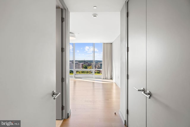 hall featuring light hardwood / wood-style floors and floor to ceiling windows