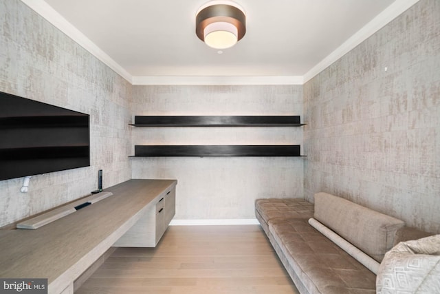 office area featuring light hardwood / wood-style flooring and tile walls