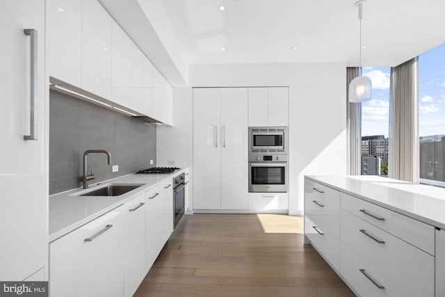 kitchen with white cabinets, dark hardwood / wood-style flooring, sink, and appliances with stainless steel finishes