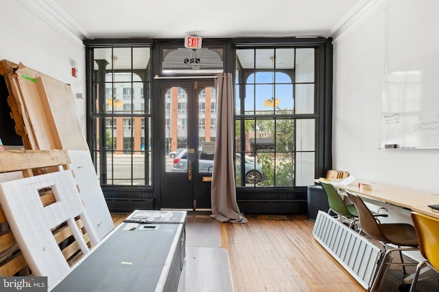 interior space with a wall of windows, light hardwood / wood-style floors, and crown molding