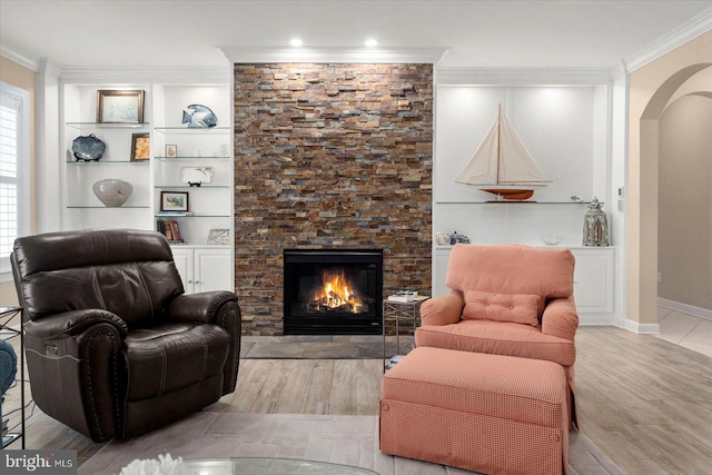 living room featuring a stone fireplace and light hardwood / wood-style flooring