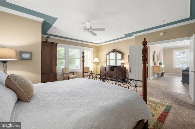 carpeted bedroom with ceiling fan and crown molding