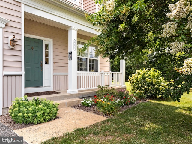 view of exterior entry with covered porch