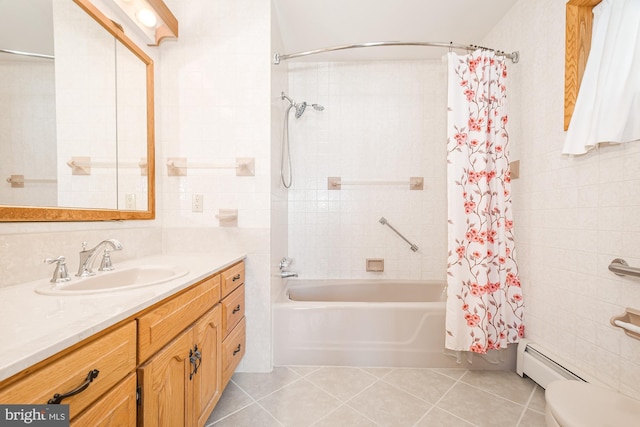 full bathroom featuring baseboard heating, shower / bathtub combination with curtain, tile patterned floors, vanity, and toilet