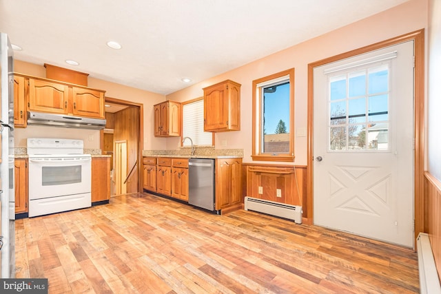 kitchen with electric stove, light hardwood / wood-style flooring, dishwasher, and a baseboard radiator