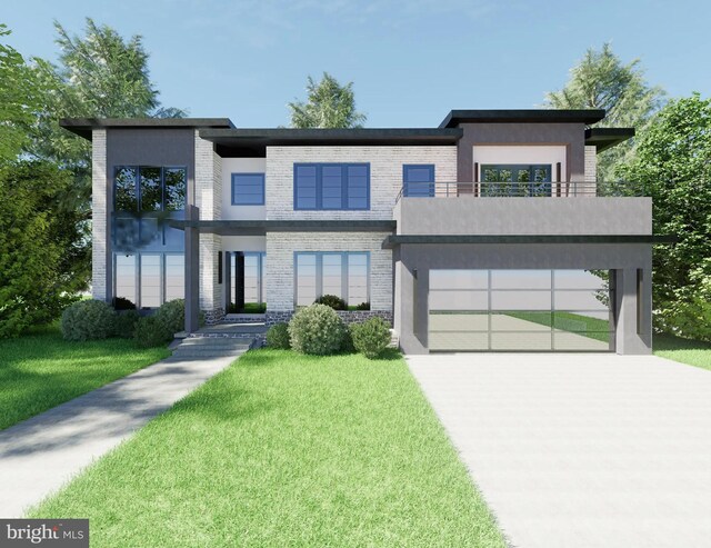 contemporary house with a garage and a front yard